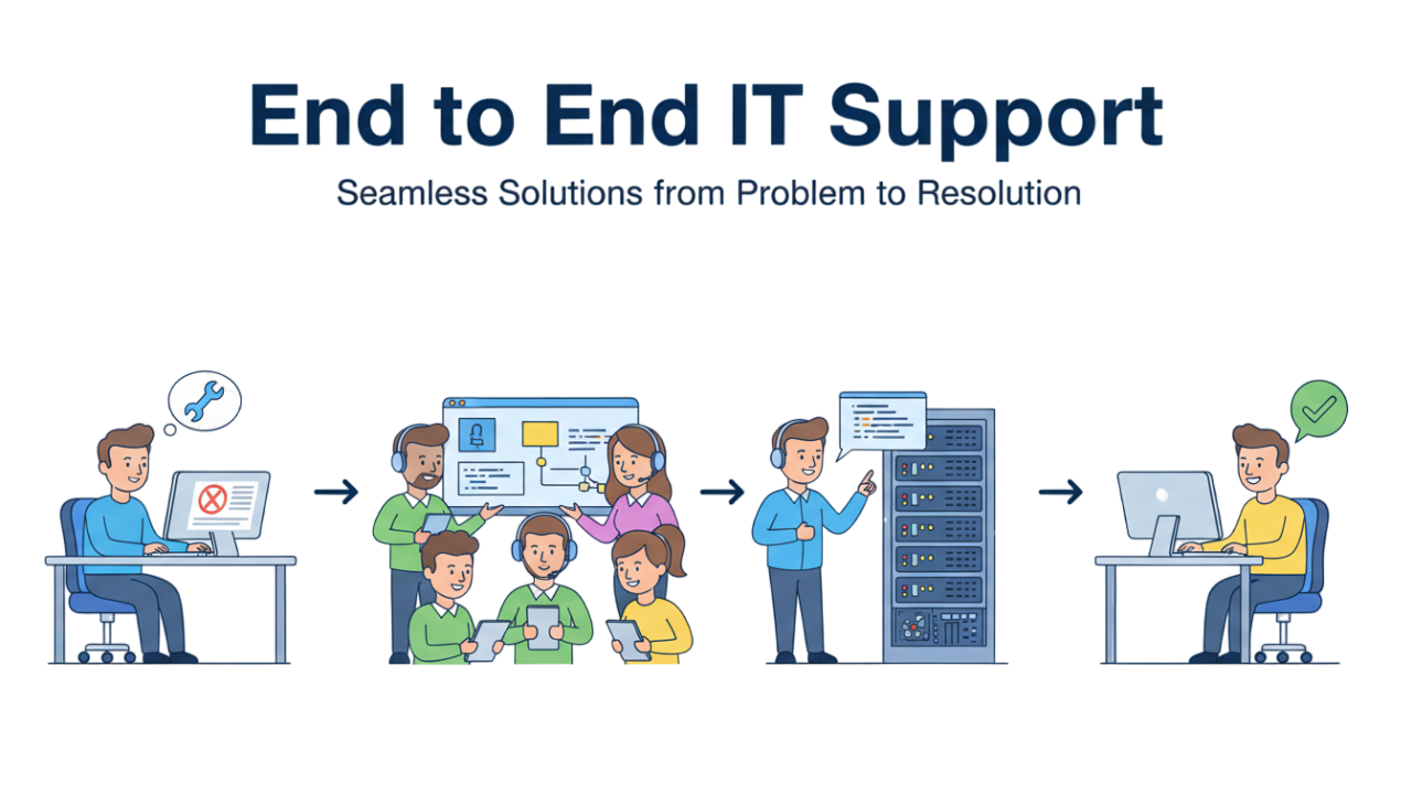 Illustration of IT specialists managing networks, devices, and systems, representing WLSD’s end-to-end IT support services.