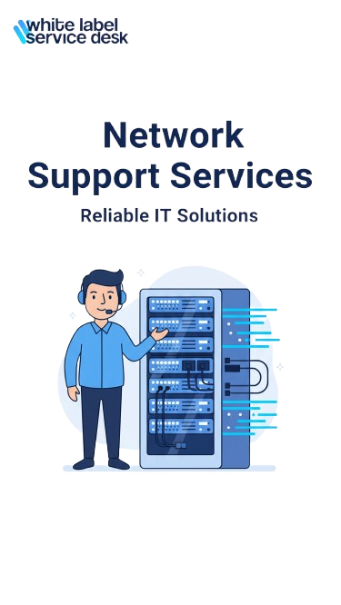 Illustration of IT specialists monitoring and managing a network of connected devices, representing WLSD’s professional network support services.
