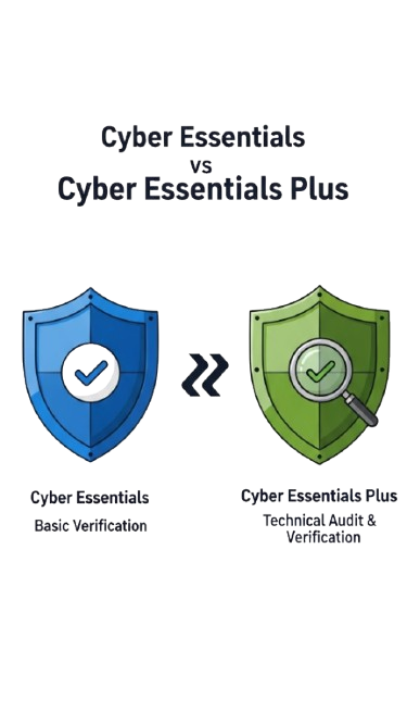 Illustration comparing two shields labelled Cyber Essentials and Cyber Essentials Plus, highlighting the differences between the UK Government-accredited cybersecurity schemes.
