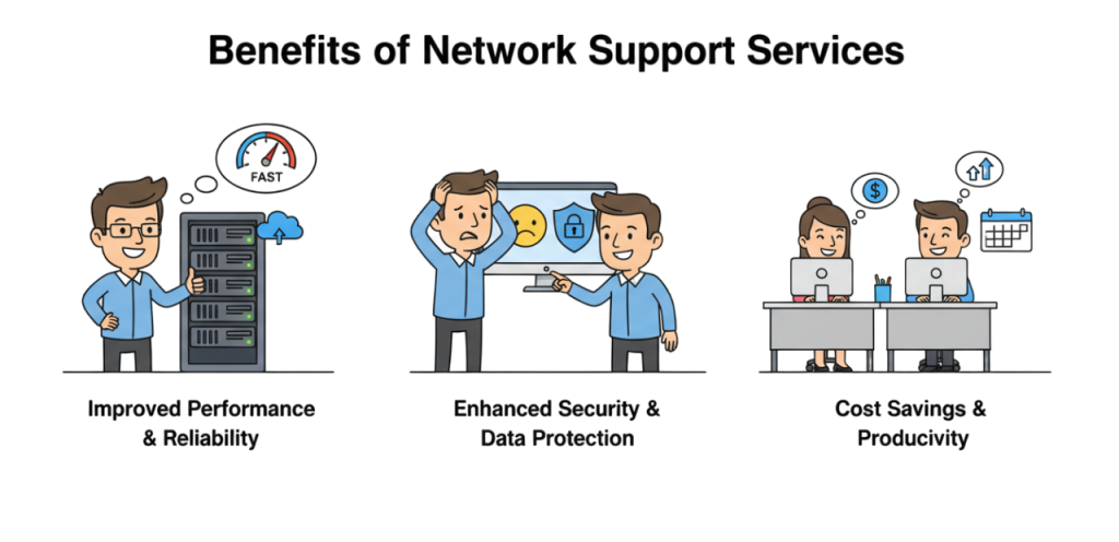 Illustration of a secure and connected business network with performance and security icons, representing the benefits of network support services by WLSD.