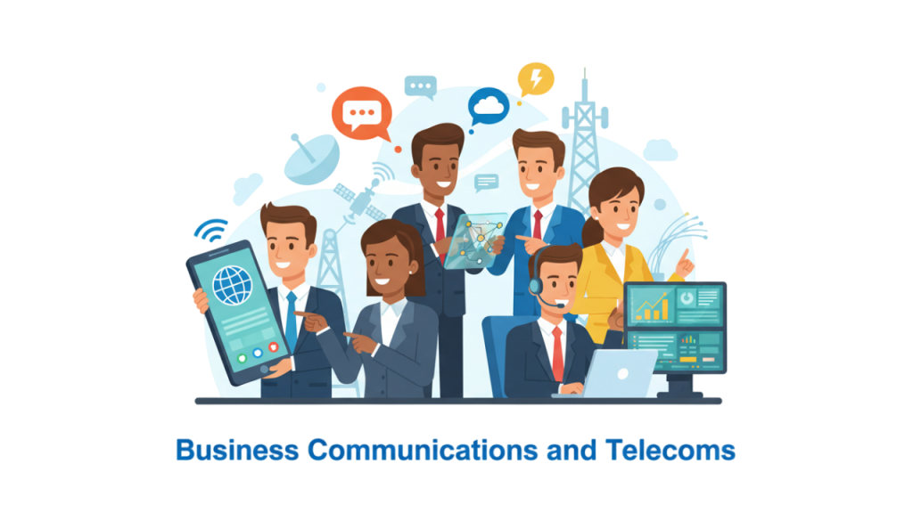 Illustration of business professionals using phones and digital communication tools in a corporate environment, representing WLSD’s business communications and telecom services.