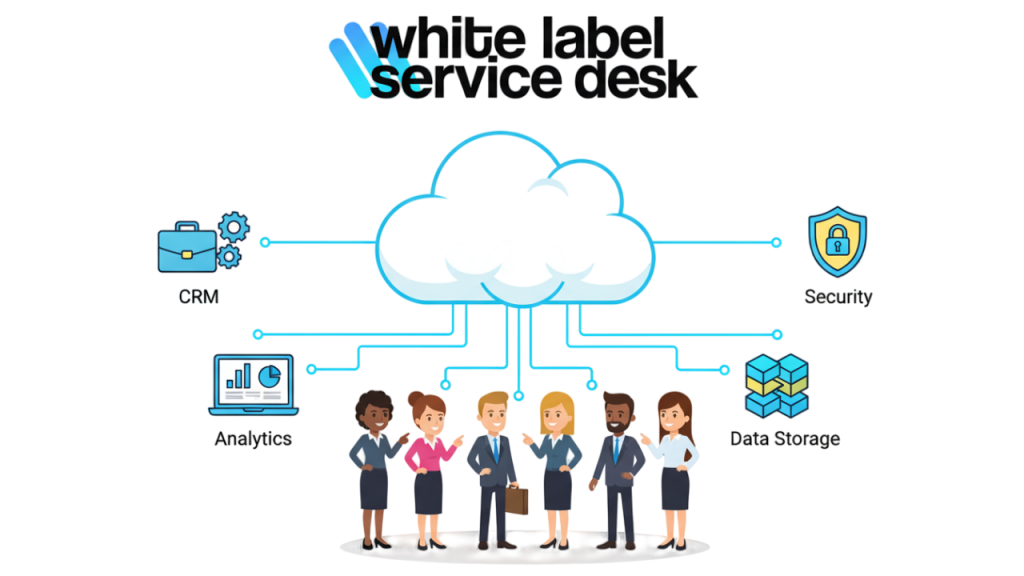 Illustration of business professionals interacting with cloud-based applications and connected devices, representing WLSD’s cloud solutions for businesses.
