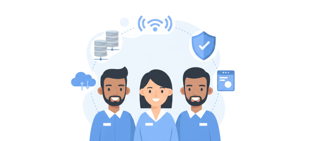 Illustration of business professionals communicating in a corporate setting, representing contacting WLSD for support and enquiries.