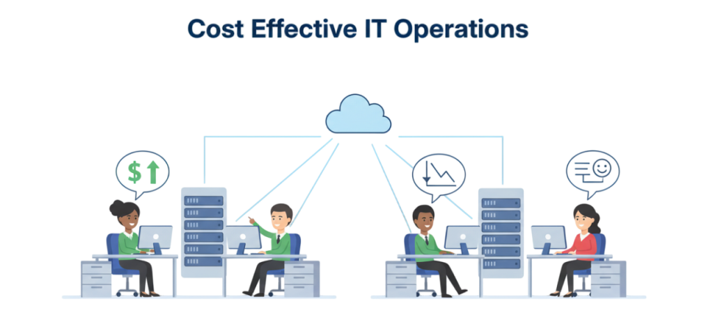 Illustration of business professionals reviewing IT dashboards and cost metrics, representing cost-effective IT operations supported by WLSD.