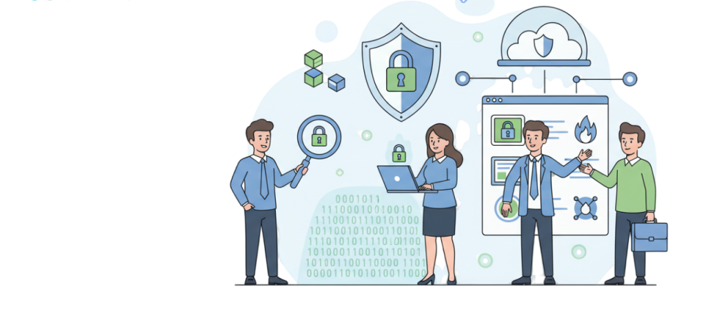 Illustration of a secure corporate environment with shields, locks, and connected devices, representing WLSD’s cyber security and data protection services.
