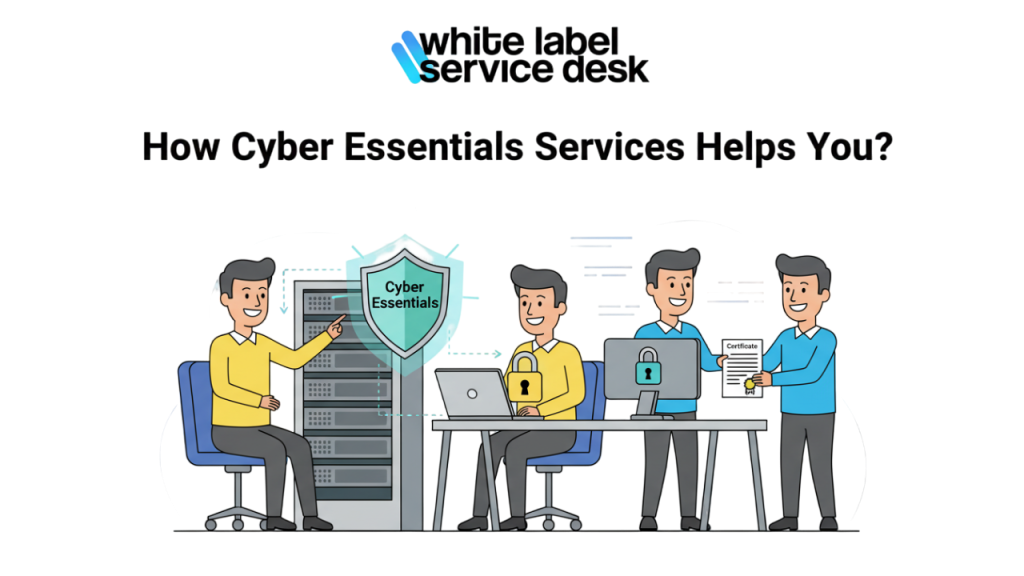Illustration of a business environment protected by shields and security icons, representing how WLSD’s Cyber Essentials services safeguard organisations.