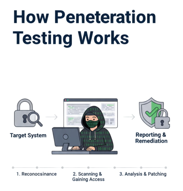 Illustration showing a controlled cyber attack simulation with security testing tools and protected systems, representing how penetration testing works.