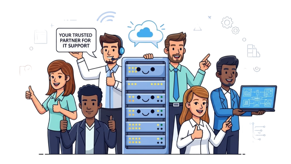Illustration of business professionals working with IT specialists, representing WLSD as a trusted white label IT support partner.