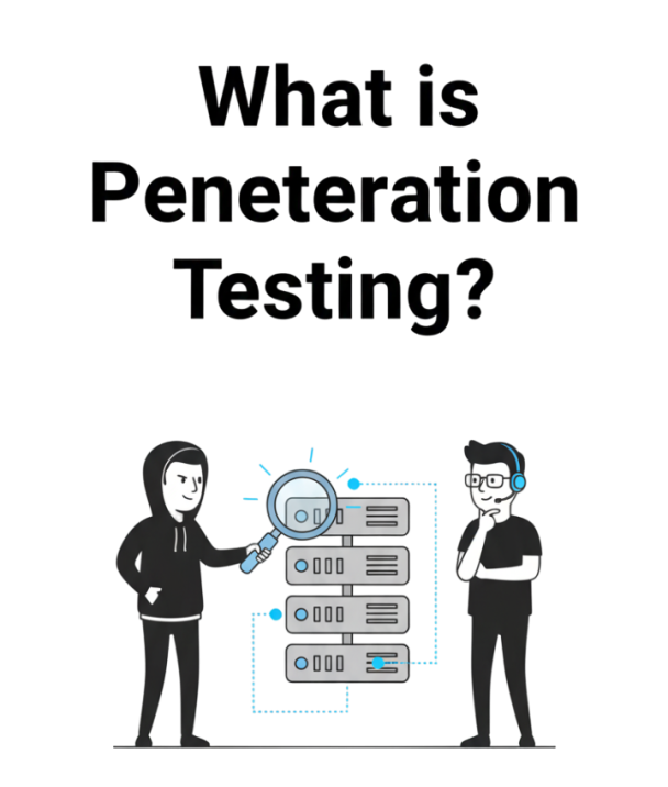 Illustration of a cybersecurity specialist testing a system for vulnerabilities using security tools, representing what penetration testing is and how it protects businesses.