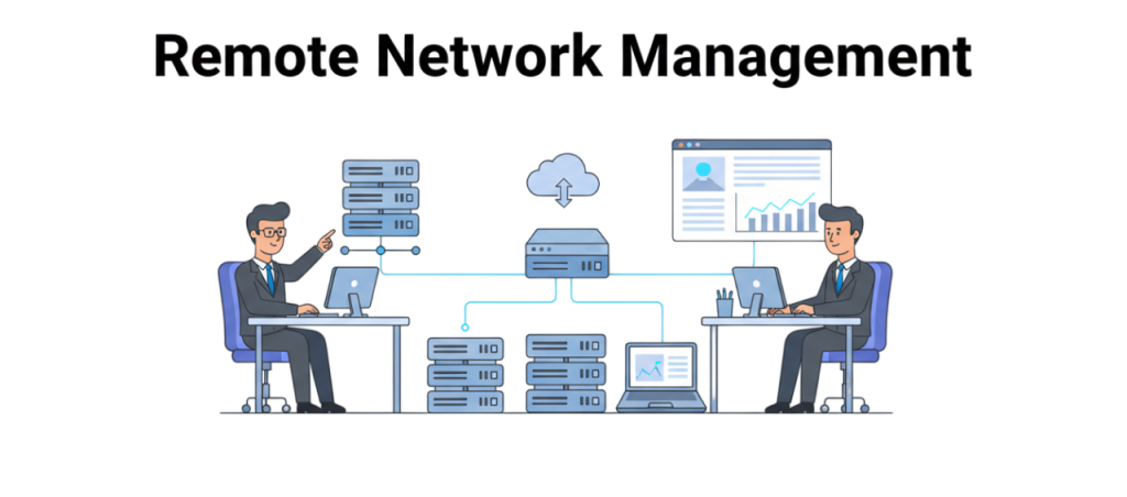 Illustration of IT professionals remotely monitoring network infrastructure with connected devices and security icons, representing WLSD’s remote network management services.