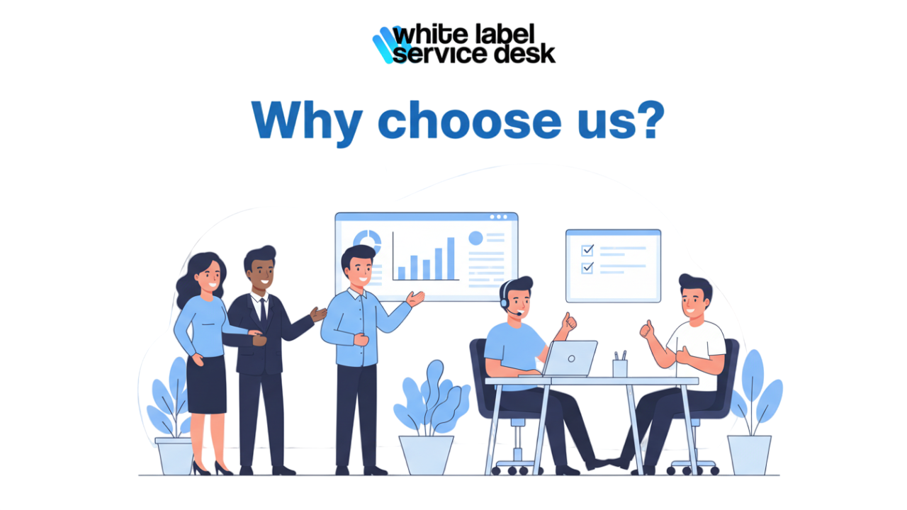 Illustration of confident business professionals working with IT specialists, representing why WLSD is the trusted choice for IT services.