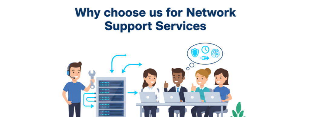 Illustration of IT specialists monitoring and managing a secure business network, representing why WLSD is the trusted choice for network support services.
